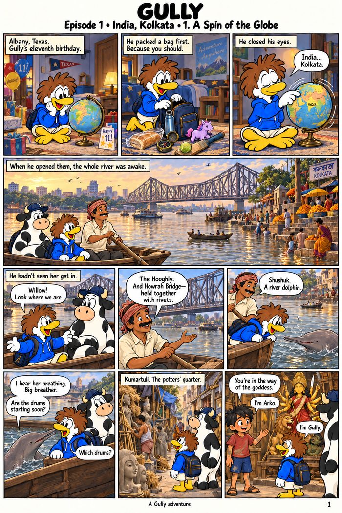 Episode 1, page 1: Gully spins the globe and arrives on the Hooghly.