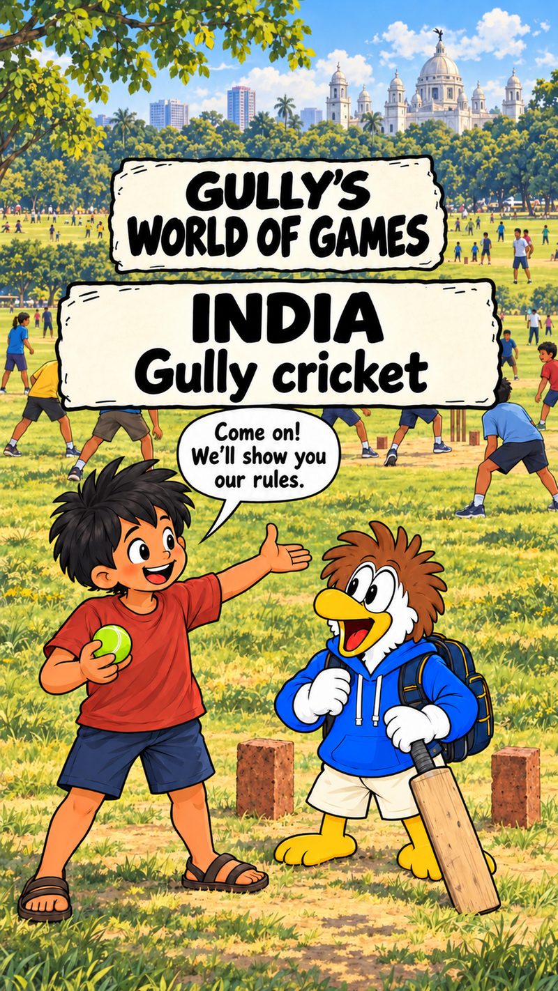 Gully's World of Games, frame 1: India: Gully cricket.